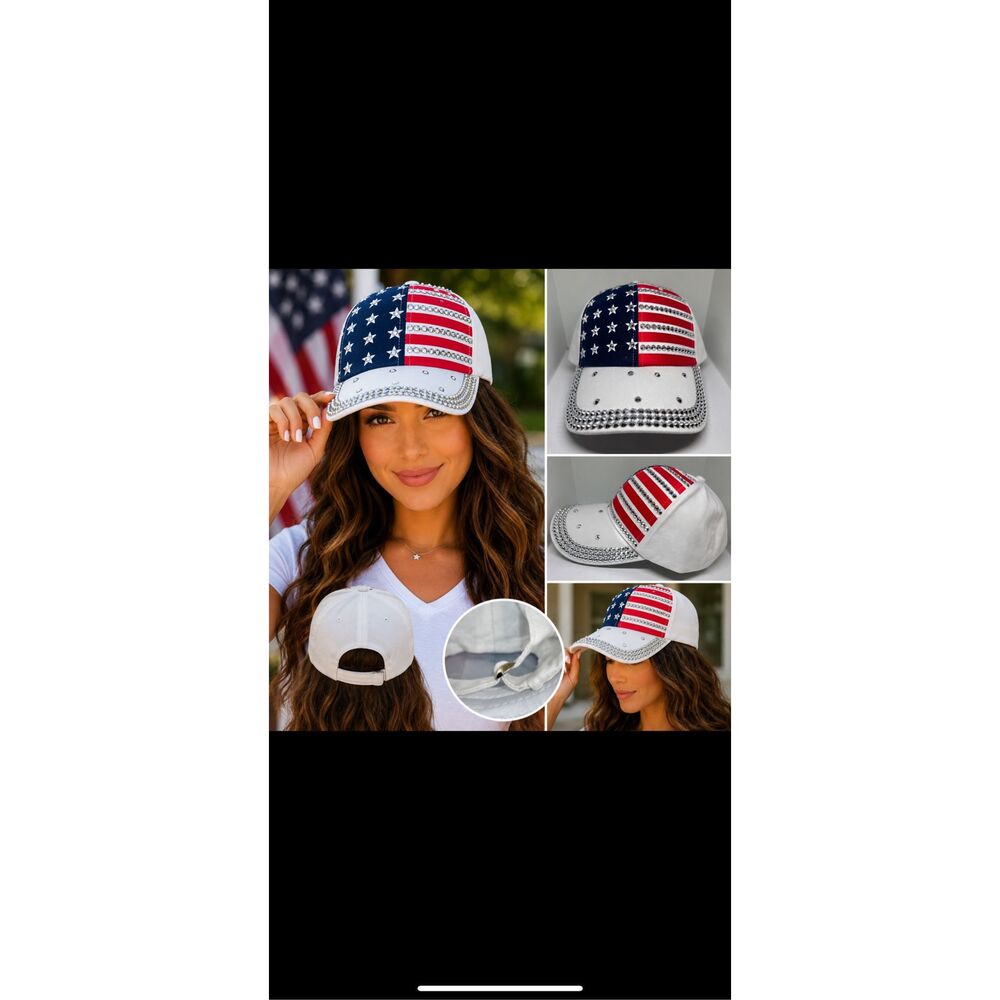 New Patriotic Rhinestone American Flag Baseball Cap Adjustable White Bling Hat